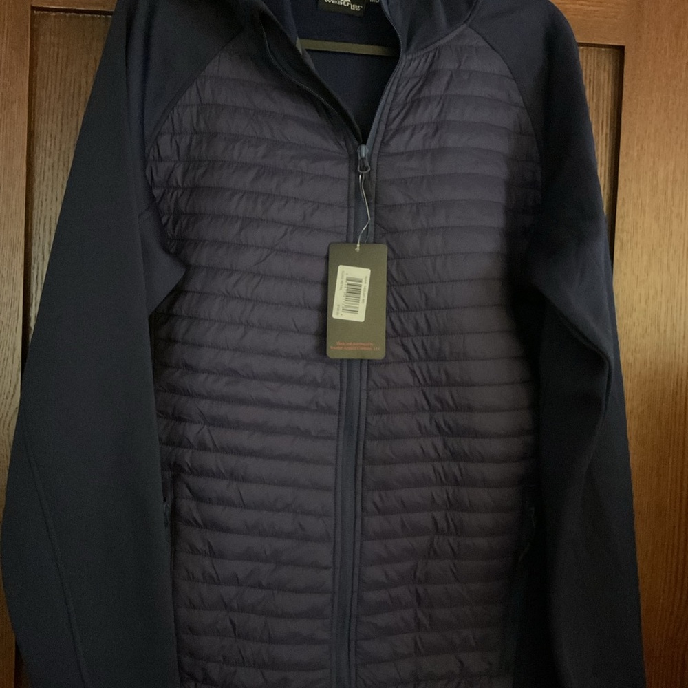 NWT The Weather Co. Men’s Navy Blue Quilted Hybrid Full-Zip Hooded Jacket - MED